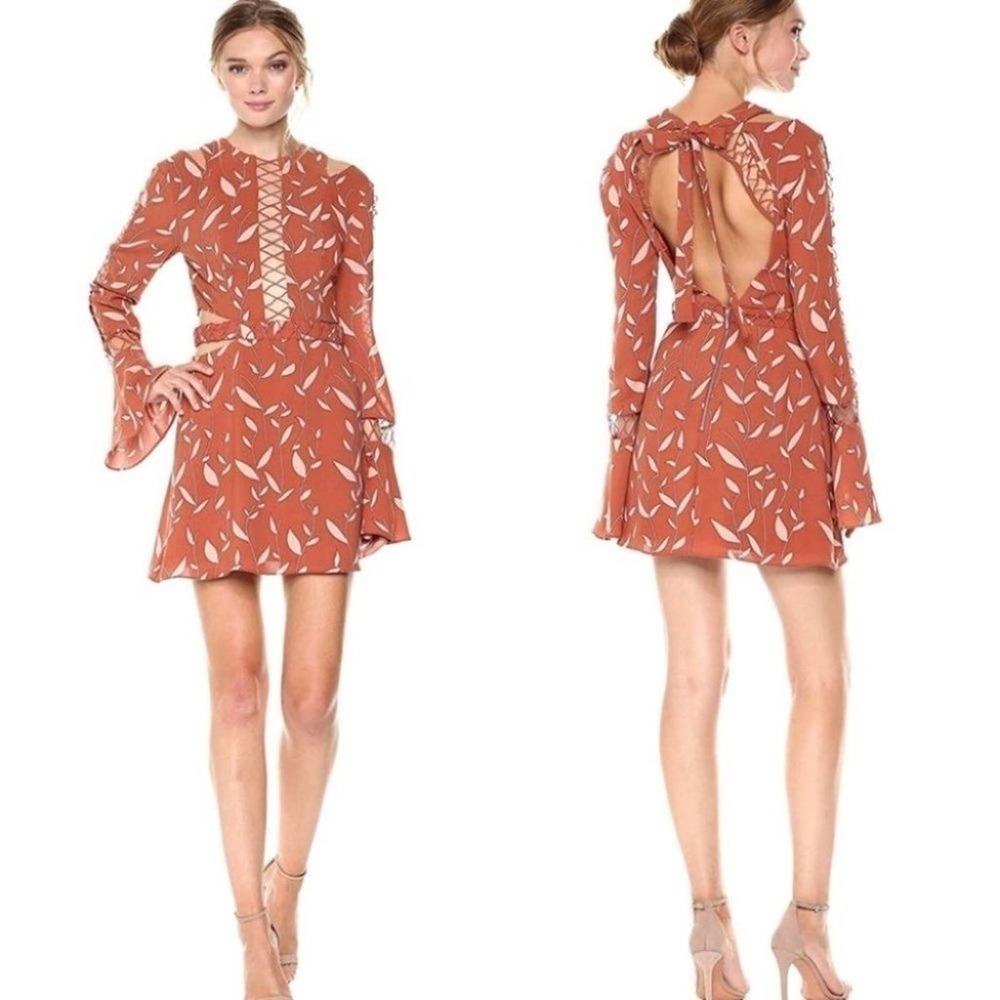 FINDERS KEEPERS Borderlines Papaya Vine Long Sleeve Cut Out Mini Dress Small NEW
